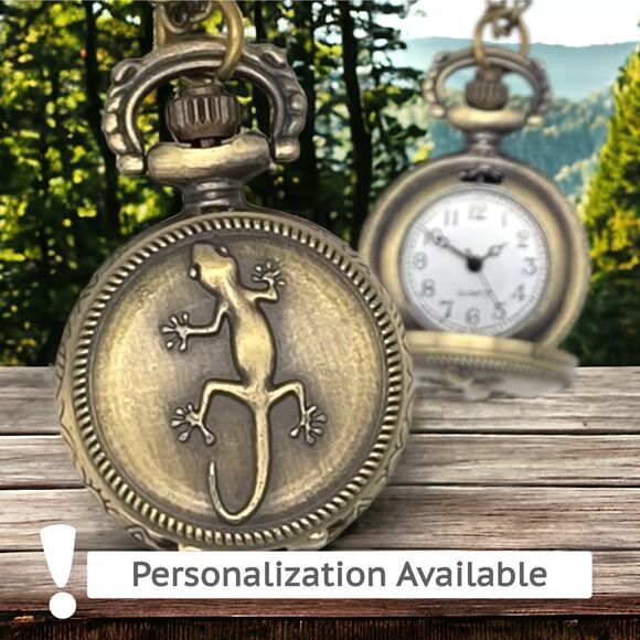 Lizard Pendant Watch - Mini Pocket Watch Vintage Look Gecko Iguana Necklace - Picture 1 of 10